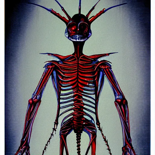 Prompt: anatomically correct diagram of 3 legged alien, h. r. giger, red and blue, 8 feet fall