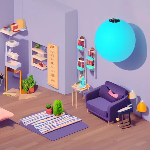 Prompt: a chubby cute room, 3 d illustration, isometric, 1 0 0 mm, octane render, studio lighting