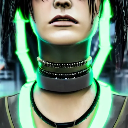 Image similar to detailed realistic cyberpunk female character cyberpunk wearing steel collar around neck, realistic, art, beautiful, 4K, collar, choker, collar around neck, punk, artstation, detailed, female, woman, choker, cyberpunk, neon, punk, collar, choker, collar around neck, thick collar, choker around neck, wearing choker, wearing collar, bright neon punk hair,