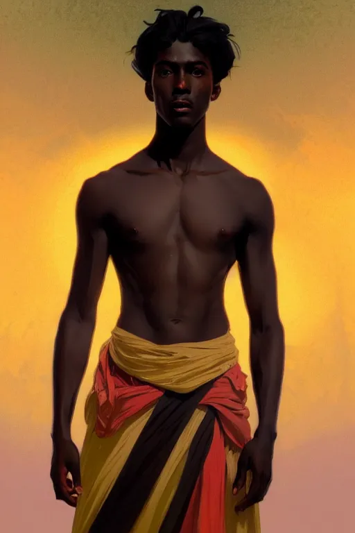 Prompt: full figure beautiful young fit dark skin man, dressed with multicolored fluent clothes, luminous scene, by greg rutkowski and alphonse mucha, d & d character, gradient white to gold, in front of a dune desert background, highly detailed portrait, digital painting, artstation, concept art, smooth, sharp focus illustration, artstation hq