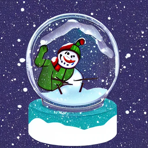 Prompt: A snowglobe with a broken wooden chair and falling snow inside of the snowglobe. Illustration