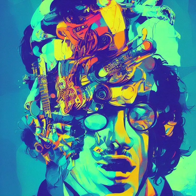 Prompt: duotone trippy 1 9 6 0 s lsd concept illustration portrait of a hippy rock musician. cinematic scene. volumetric lighting. golden ratio accidental renaissance. by sachin teng and sergey kolesov and ruan jia and heng z. graffiti art, scifi, fantasy, hyper detailed. octane render. concept art. trending on artstation.