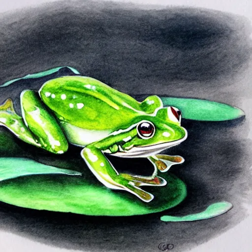 Image similar to water color on paper, frog hopping onto a lilly pad, highly detailed, artstation, masterpiece, award - winning,