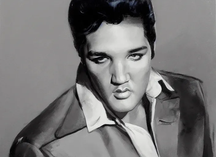 Prompt: a highly detailed beautiful portrait of elvis presley by gregory manchess, james gurney, james jean