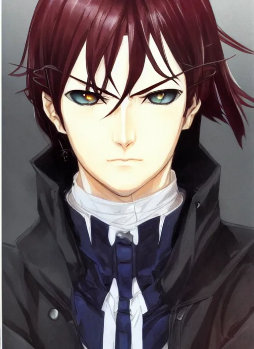 Prompt: portrait by shigenori soejima, handsome male vampire, focus on face, sword holster, long black hair, dark blue shirt, light brown coat, red eyes,