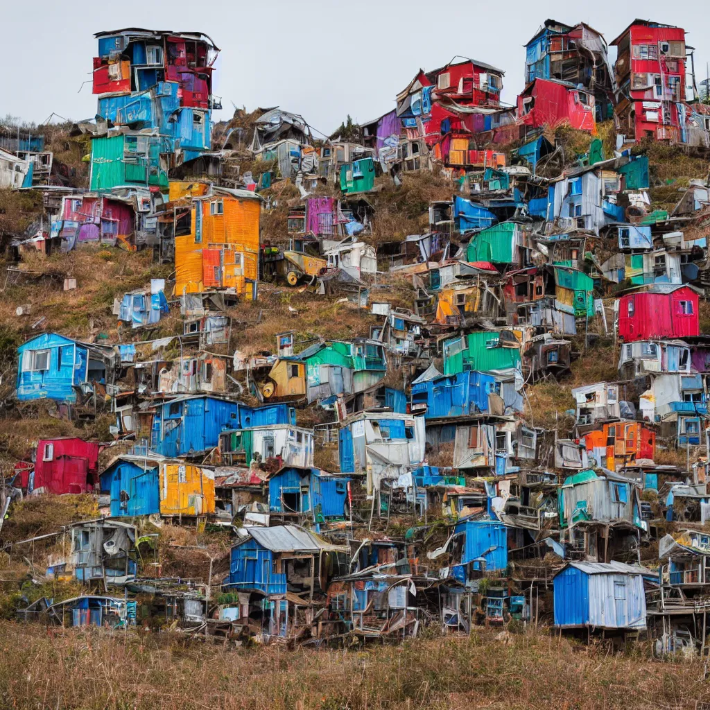 Image similar to a tower made up of colourful makeshift squatter shacks, dystopia, sony a 7 r 3, f 1 1, fully frontal view, photographed by jeanette hagglund