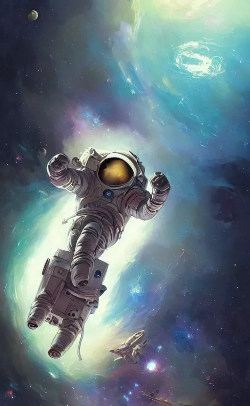 Image similar to a beautiful artwork illustration, astronaut hovering in space galactic nebula, by greg rutkowski and jesper ejsing and raymond swanland, featured on artstation, wide angle, vertical orientation