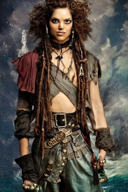 Image similar to a swashbuckling woman pirate portrait in national geographic, her clothing is sheer and futuristic, her skin color is iridescent