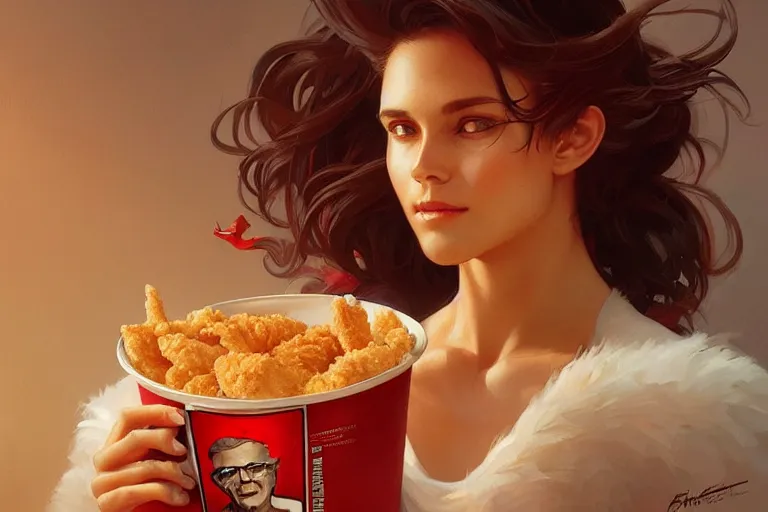 Image similar to kfc chicken, portrait, elegant, intricate, digital painting, artstation, concept art, smooth, sharp focus, illustration, art by artgerm and greg rutkowski and alphonse mucha