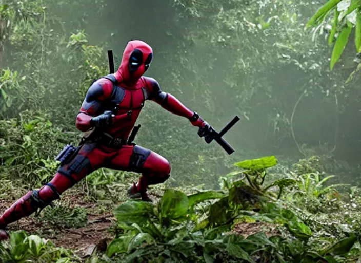 Image similar to film still of deadpool fighting in the jungles during the vietnam war in the new deadpool movie, 4 k