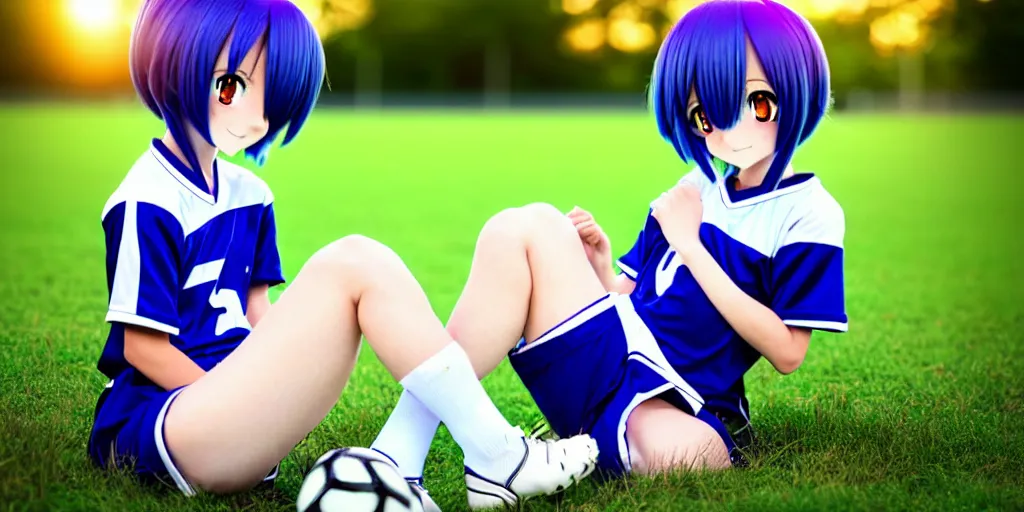 Prompt: A cute young anime girl with long blueish indigo hair, wearing a white soccer uniform with shorts, soccer ball against her foot, sitting on her knees in a large grassy green field, back against a building, shining golden hour, she has detailed black and purple anime eyes, extremely detailed cute anime girl face, she is happy, child like, kid, black anime pupils in her eyes, Haruhi Suzumiya, Umineko, Lucky Star, K-On, Kyoto Animation, she is smiling and happy, tons of details, sitting on her knees on the grass, chibi style, extremely cute, she is smiling and excited, her tiny hands are on her thighs, she has a cute expressive face