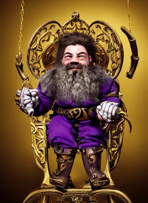 Image similar to dwarf fighter sitting in mechanical chair that has spider legs, gold and purple, exquisite details, black beard, white background, by studio muti