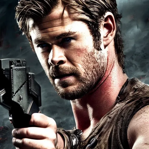 Image similar to chris hemsworth as chris refield in resident evil, 4k, high detail, high-resolution photograph, professional photography