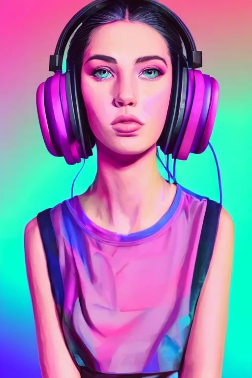 Prompt: a award winning half body portrait of a beautiful woman with stunning eyes in a croptop and cargo pants with ombre purple pink teal hairstyle with headphones on her ears by thomas danthony, surrounded by whirling illuminated lines, outrun, vaporware, shaded flat illustration, digital art, trending on artstation, highly detailed, fine detail, intricate