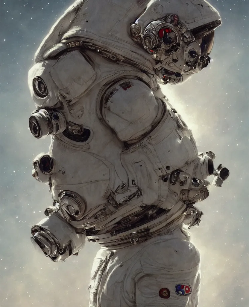 Image similar to realistic photography of an alive deformed, double headed astronaut wearing torn space suits, scared face behind the snoopy cap, deep focus, intricate, elegant, highly detailed, foggy, misterious, digital painting, artstation, concept art, matte, sharp focus, art by artgerm and greg rutkowski and alphonse mucha