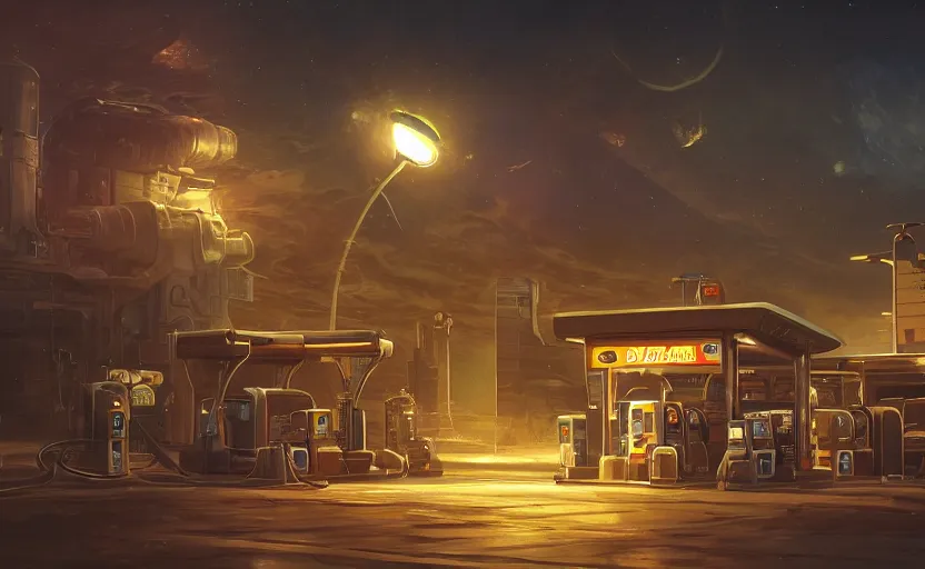 Image similar to gas station in space, 8 k, steampunk, hard edges, zoomed in, very coherent, sharp focus, rim light, exquisite lighting, hard edges, sci - fi, print, cinematic, game art, soft painting, trending on artstation