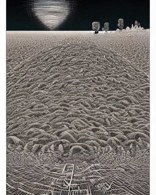 Image similar to bioremediation in the vast desert by woodblock print, nicolas delort, moebius, victo ngai, josan gonzalez, kilian eng