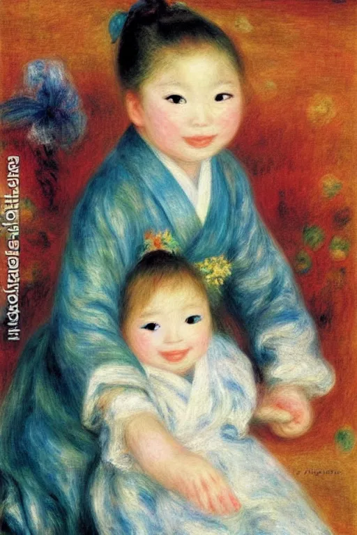 Image similar to a portrait of one Japanese cute baby girl smiling, under the sun, summer, happy, elegant, fantasy, art by Pierre-Auguste Renoir