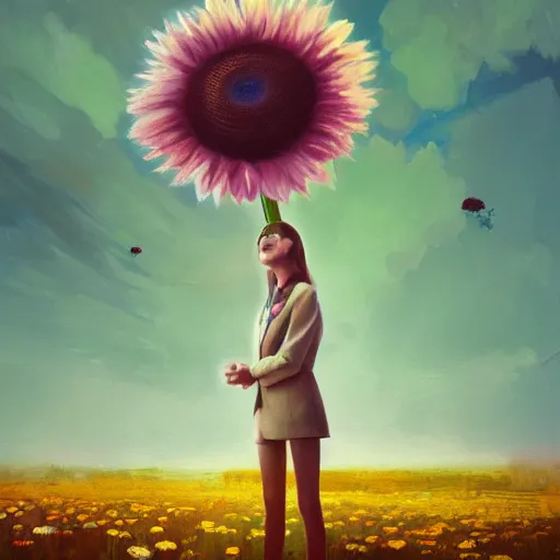 Image similar to huge daisy flower head, frontal, a girl in a suit, surreal photography, sunrise, dramatic light, impressionist painting, digital painting, artstation, simon stalenhag