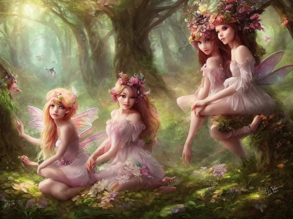 Image similar to two cute fairy in the dreamy forest, fantasy, dreamlike, 8 k resolution, hyper detailed, d & d, character design, digital painting, trending on artstation, sharp focus, illustration, art by artgerm, viktoria gavrilenko, hoang lap, fuji choko, steve zheng