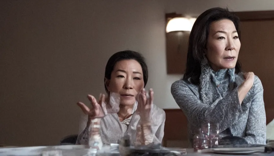 Image similar to michelle yeoh as evelyn wang from everything everywhere all at once ( 2 0 2 2 ), directed by'daniels ', cinematography by larkin seiple, movie still