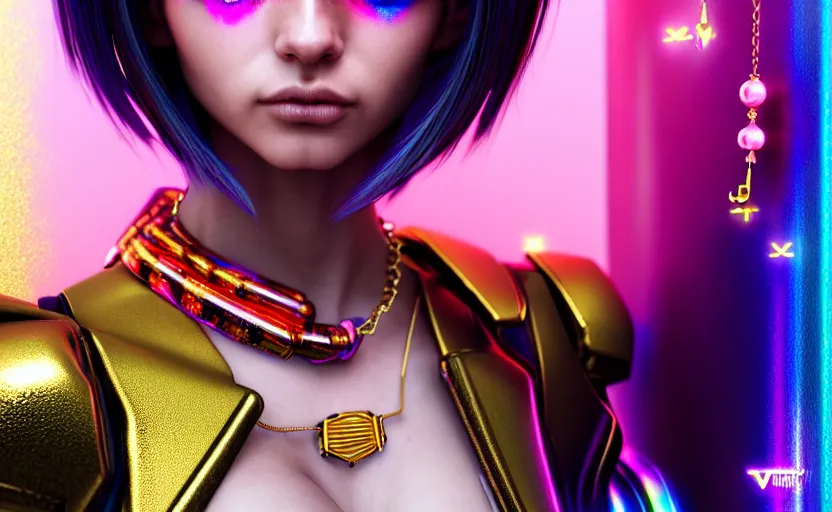 Image similar to hyperdetailed portrait of a stunningly beautiful cyberpunk cutie european girl with short dark hair guard made of iridescent metals and shiny pink gems, bright rainbow nimbus, gold necklace, gold background inspired by ross tran and masamune shirow and kuvshinov, intricate, photorealistic, octane render, rtx, hdr, unreal engine, dnd digital art by artgerm