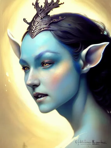 Image similar to the elven queen with blue skin by james jean, charlie bowater, tom bagshaw, nikolay makovsky : : enchanting, ethereal, magical, portrait, character design, illustration, hyperrealism, photorealism, digital art, concept art, fantasy, whimsy, weta, wlop, artstation