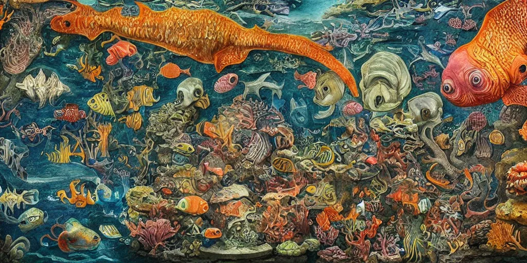 Prompt: exotic deep sea animal aquarium in the style of heironymus bosch, colorful intricate masterpiece, hyper detailed, hd