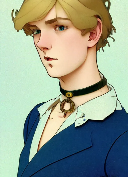 Image similar to art nouveau portrait of a pretty young man with short blond hair, light blue eyes, sad expression, scared, head down, shy and demure, wearing a choker collar, natural lighting, path traced, highly detailed, high quality, cartoon, digital painting, by don bluth and ross tran and studio ghibli and alphonse mucha