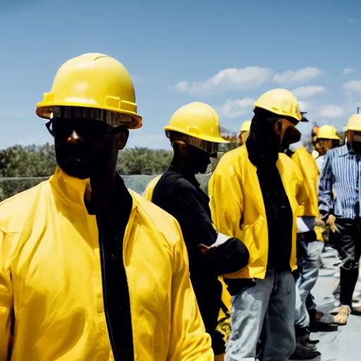 Image similar to black, shadowy, tall figures wearing yellow hard hats