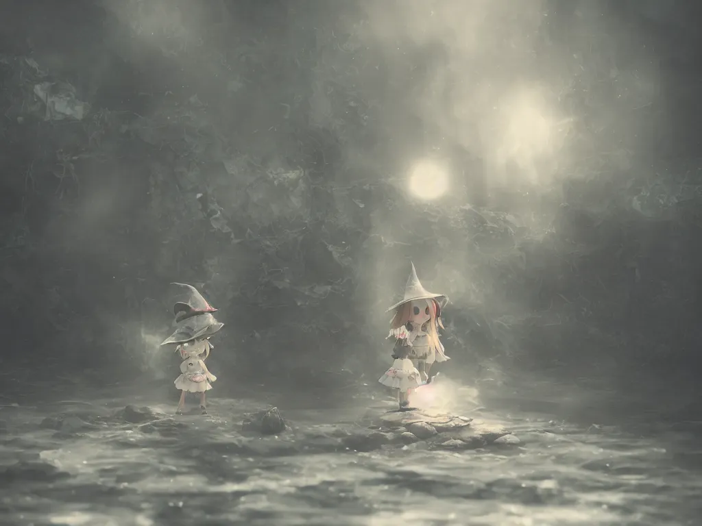 Image similar to cute fumo plush girl witch on a tiny island of concrete brutalist ruins surrounded by murky river water, river styx, cursed otherworldly chibi gothic horror wraith maiden, lost in the milky void, hazy heavy magical glowing swirling murky volumetric fog and smoke, moonglow, lens flare, vray