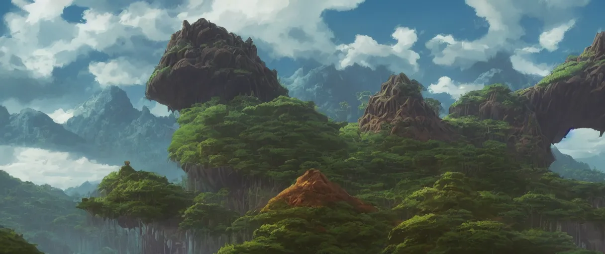 Prompt: floating islands over forest, mountains in background, concept art, low angle, cinematic, style of ralph mcquarrie