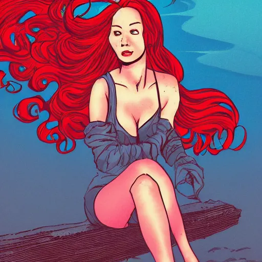 Prompt: a beautiful comic book illustration of a woman with long red hair sitting near a lake at night by dave gibbons, featured on artstation