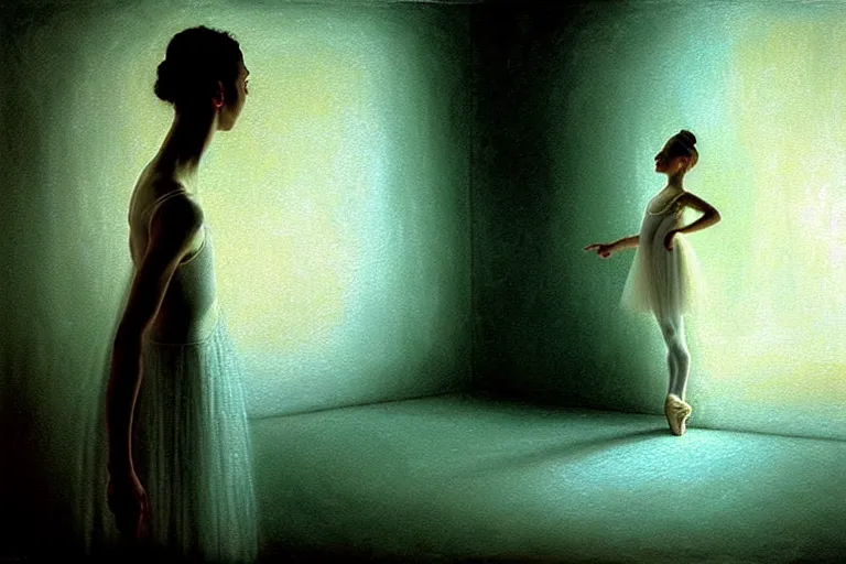 Prompt: hyperrealistica young beautiful ballerina in lush white and light white dress sits on the floor before the performance, in the style of beksinski, solarpunk, atmospheric, clean, intricate and epic composition, green by caravaggio, insanely quality, highly detailed, masterpiece, blue light, artstation, 4 k