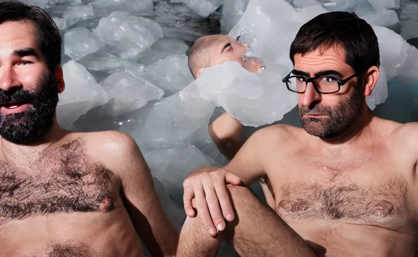 Prompt: Adam buxton and louis theroux in an ice bath, bath of ice, cold, odd, depth of field, photorealistic