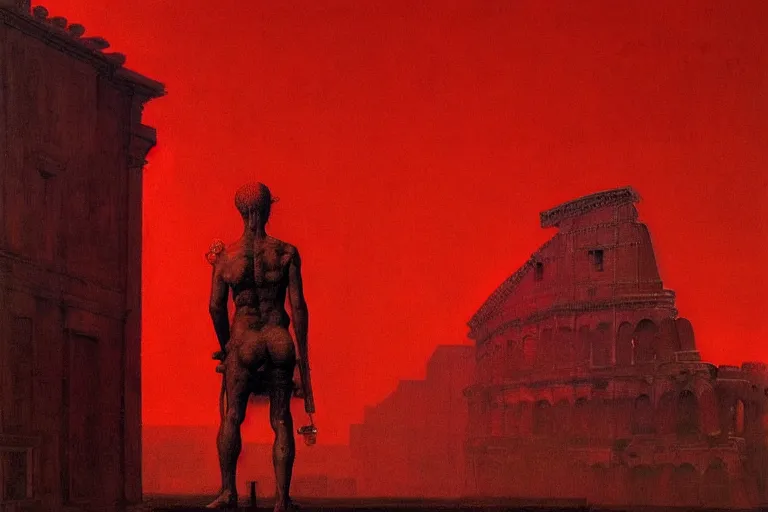 Image similar to only with red, caesar after war, a red tiger, in hoc signo vinces, rome in background, an ancient path, in the style of beksinski, part by hopper, part by rodcenko, part by hofbauer, intricate composition, red by caravaggio, insanely quality, highly detailed, masterpiece, red light, artstation