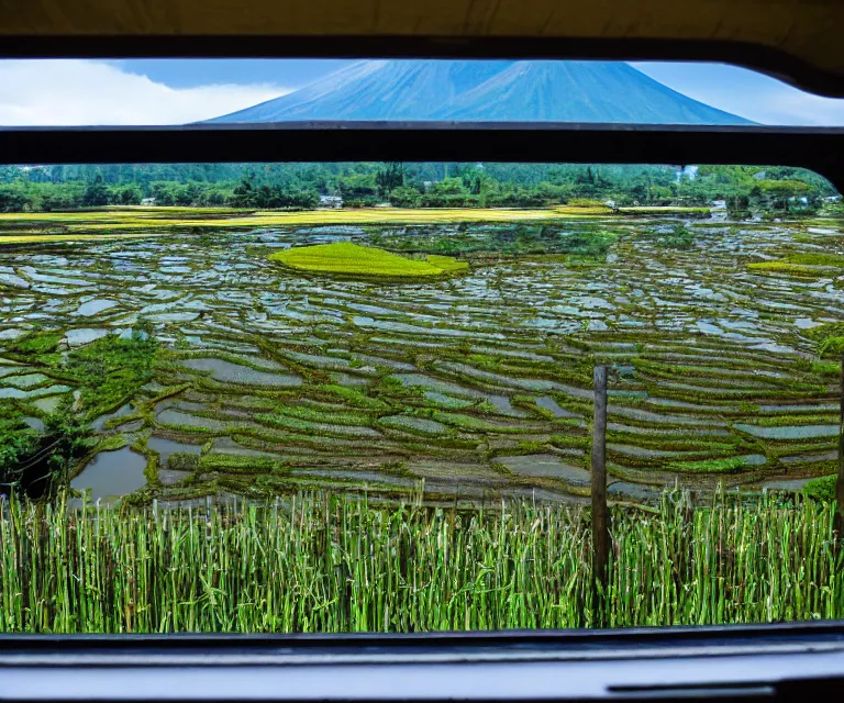 Prompt: a photo of mount fuji, japanese landscape, rice paddies, seen from a window of a train.