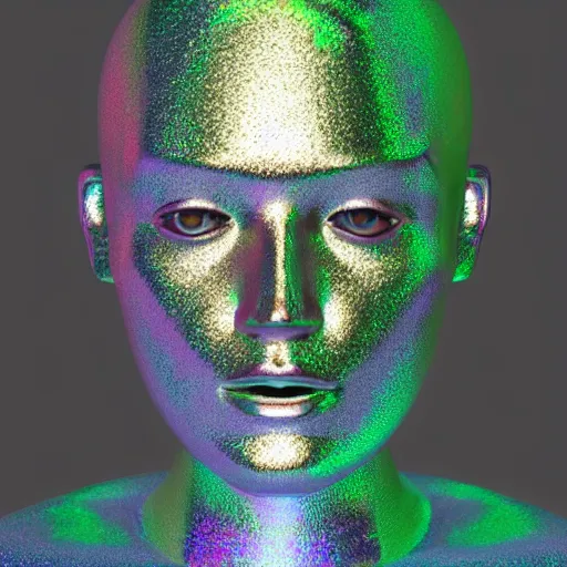 Image similar to 3d render of holographic human robotic head made of glossy iridescent, surrealistic 3d illustration of a human face non-binary, non binary model, 3d model human, cryengine, made of holographic texture, holographic material, holographic rainbow, concept of cyborg and artificial intelligence