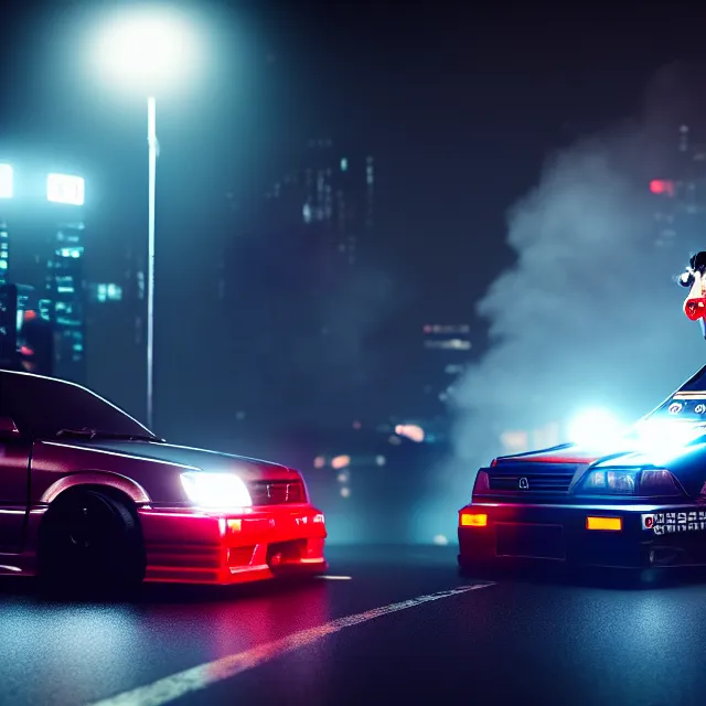 Prompt: toyota jzx 1 0 0 illegal drift car with robot geisha girl standing, detailed wheels, shibuya prefecture, cinematic lighting, fog mist smoke, photorealistic, night photography, octane render by tomino - sama