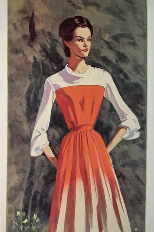 Image similar to beautiful slim and shapely young woman, elegant look, peasant dress, 1960\'s soviet propaganda art