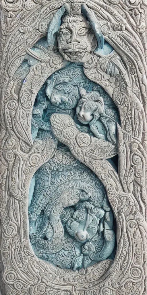 Image similar to intricate colourfully painted carved Soapstone relief paneling, white and pale blue , celestial, piggy, pig goddess, mother earth, Earth Goddess mythology, Gaia, angels, divinity, Ghostly, crystaline celtic, insanly detailed , artstation, wallpaper, hyper realistic, realistic lighting