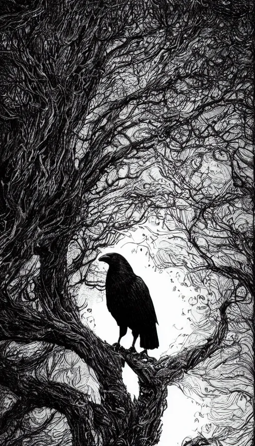 Prompt: book cover art, detailed close-up portrait of crow on a tree in front of the full big moon, dramatic lighting, cinematic, establishing shot, extremely high detail, foto realistic, cinematic lighting, pen and ink, intricate line drawings, by Yoshitaka Amano, Ruan Jia, Kentaro Miura, Artgerm, post processed, concept art, artstation, matte painting, style by eddie mendoza, raphael lacoste, alex ross