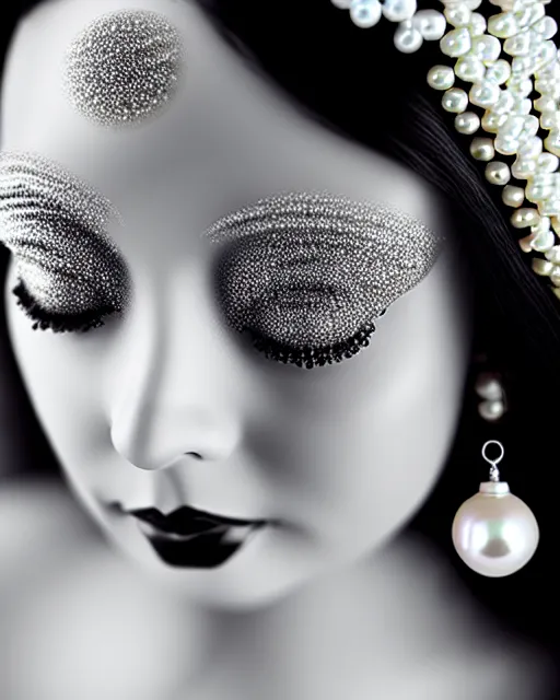 Prompt: black and white dreamy young beautiful crowned female artificial intelligence, realistic pearl ornament in the face, long hair are intricate with highly detailed realistic pearls, cinematic, rim light, bokeh, photo - realistic, elegant, high detail, 8 k, masterpiece, photo taken in 1 9 3 0