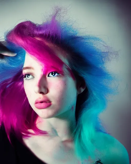 Image similar to a dramatic lighting photo of a beautiful young woman with cotton candy hair. blood splashes with a little bit of cyan and pink