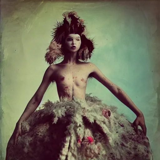 Image similar to damaged kodak portra 4 0 0, wetplate, photo of a surreal artsy dream scene,, very beautiful model, weird fashion, grotesque, extravagant dress, strange pose, carneval, with an animal, wtf, photographed by paolo roversi style