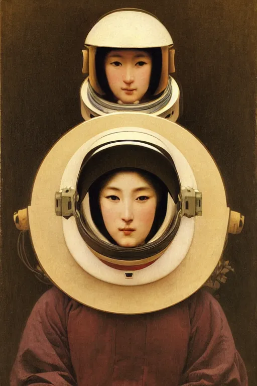 Image similar to portrait of a astronaut in samurai helmets, by bouguereau