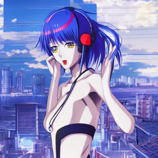 Image similar to anime art, anime fullbody shot of female rei ayanami, long blue hair and large eyes, finely detailed perfect face, in a modern skintight plugsuit, laying on a rooftop, flooded metropolis in ruins, red sea, trending on pixiv fanbox, evangelion, extremely high quality artwork by ilya kuvshinov