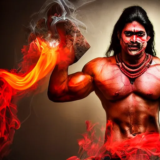 Prompt: lord shiva as a muscular character, smoking inside a dark studio, photography, red smoke coming out of his smoking bowl