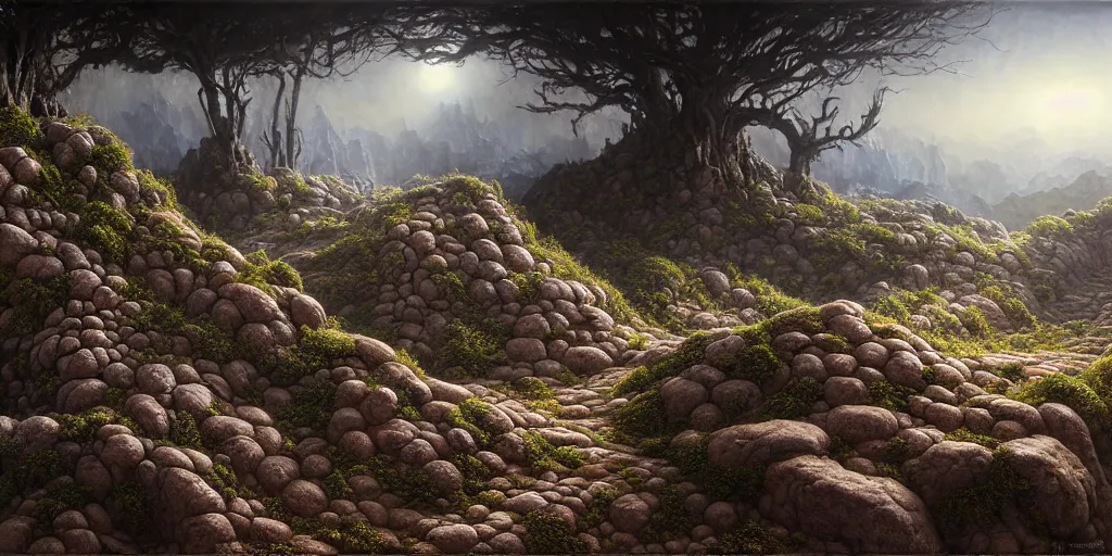 Prompt: hyperrealistic mixed media painting of a rocky dirt trail across a fantasy landscape, stunning 3d render inspired art by P. Craig Russell and Barry Windsor-Smith + dim volumetric lighting, dizzy, full body, 8k octane beautifully detailed render, post-processing, extremely hyperdetailed, intricate, epic composition, grim yet sparkling atmosphere, cinematic lighting + masterpiece, trending on artstation, very very detailed, masterpiece, stunning