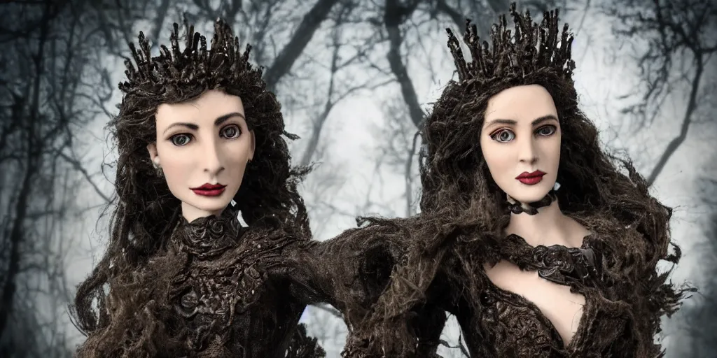 Prompt: photo taken of an epic intricate, ultra detailed, super realistic stop motion puppet of a majestic gracious regal aristocratic brunette female vampires in a night time graveyard filmset created by weta workshop and tim burton, menacing, wide angle, moody full body shot, photorealistic, sharp focus, gloomy, extremely cold blueish colour temperature, 3 5 mm, f 1. 4